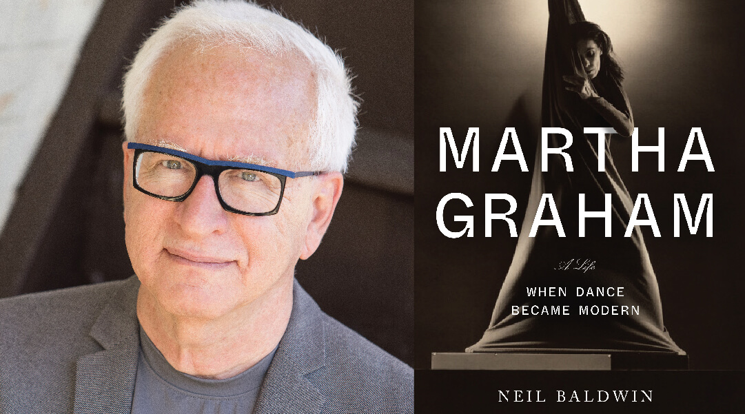 Headshot of author Neil Baldwin next to cover of his book, Martha Graham