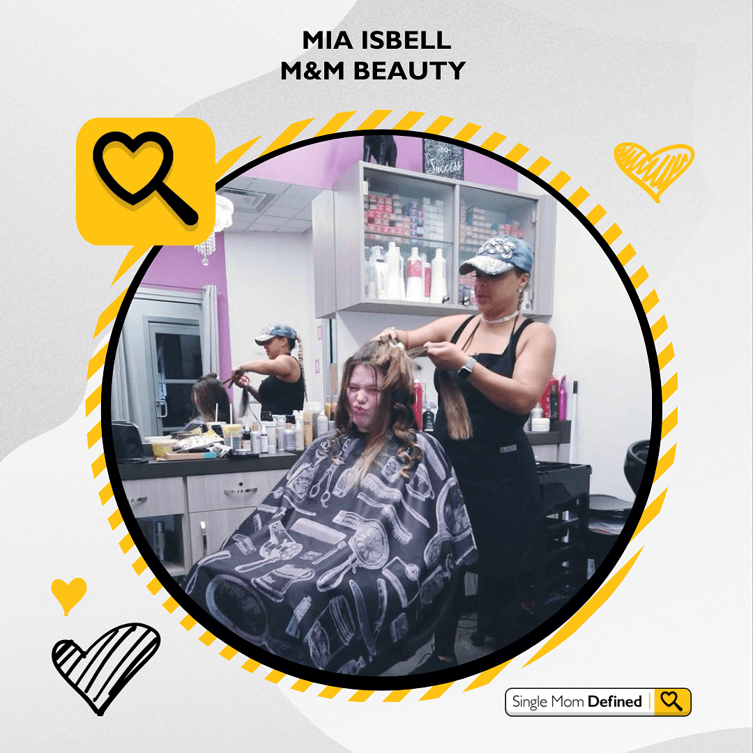 Photo of a woman doing a teenage girls hair in a salon setting with text reading: Mia Isbell, M&M Beauty