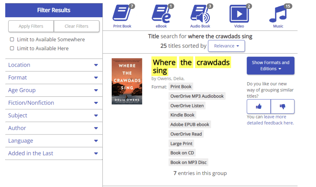 Available formats of the title, Where the Crawdads Sing as they appear in the library catalog