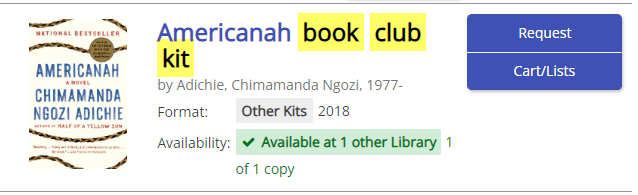 An example of a keyword search using the terms, book club kit or book club 
