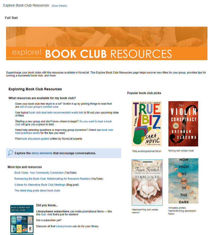Book Club Resources in NoveList Plus 