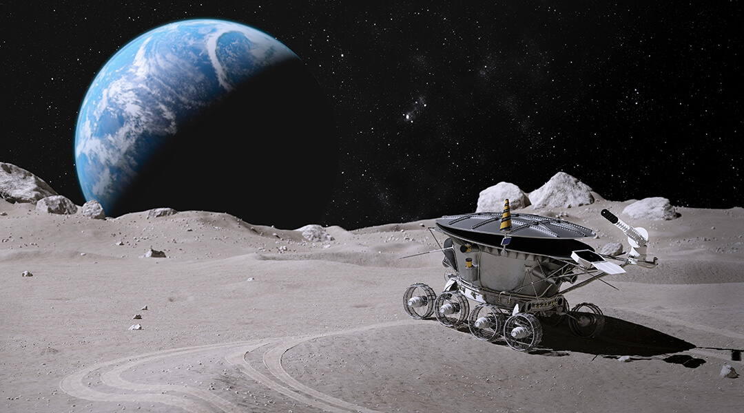 An abandoned, old lunar rover stands on the surface of the moon against the background of stars and the earth, 3D rendering.