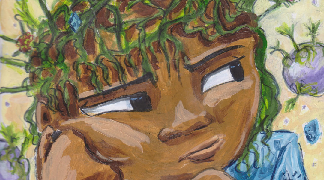 Detail of painting "Headfull of Weeds" by Alex Riccobon