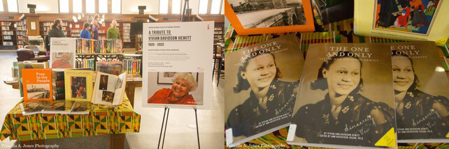 Side by side images of display for Vivian Hewitt and a stack of books about her.