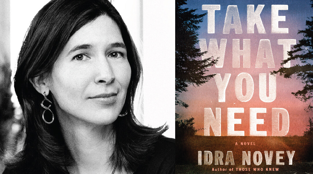 Headshot of author Idra Novey next to the cover art of her book, Take What You Need.