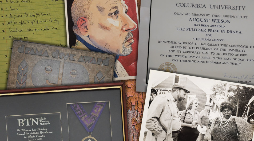 Collage of pictures, awards, and memorabilia related to August Wilson.
