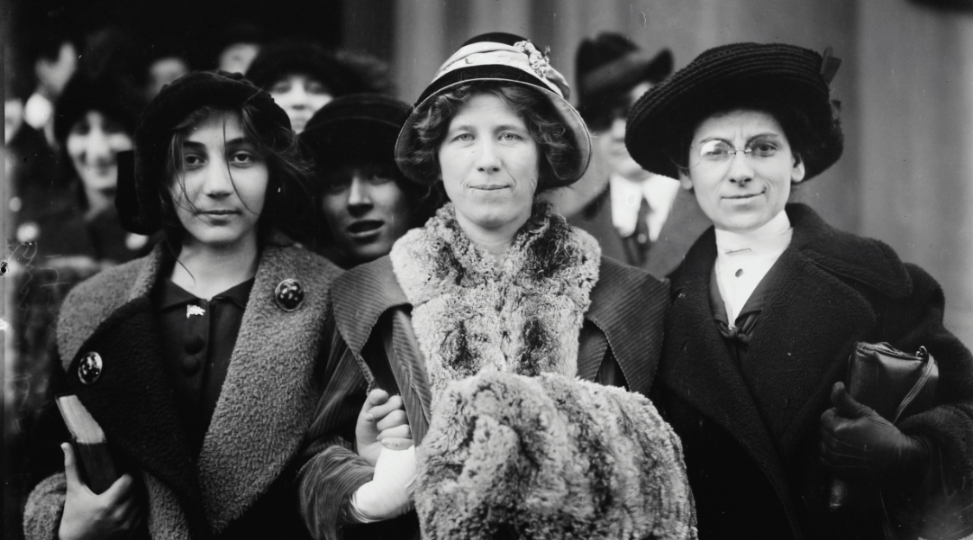 Photograph shows suffrage and labor activist Flora Dodge "Fola" La Follette (1882-1970), social reformer and missionary Rose Livingston, and a young striker during a garment strike in New York City in 1913