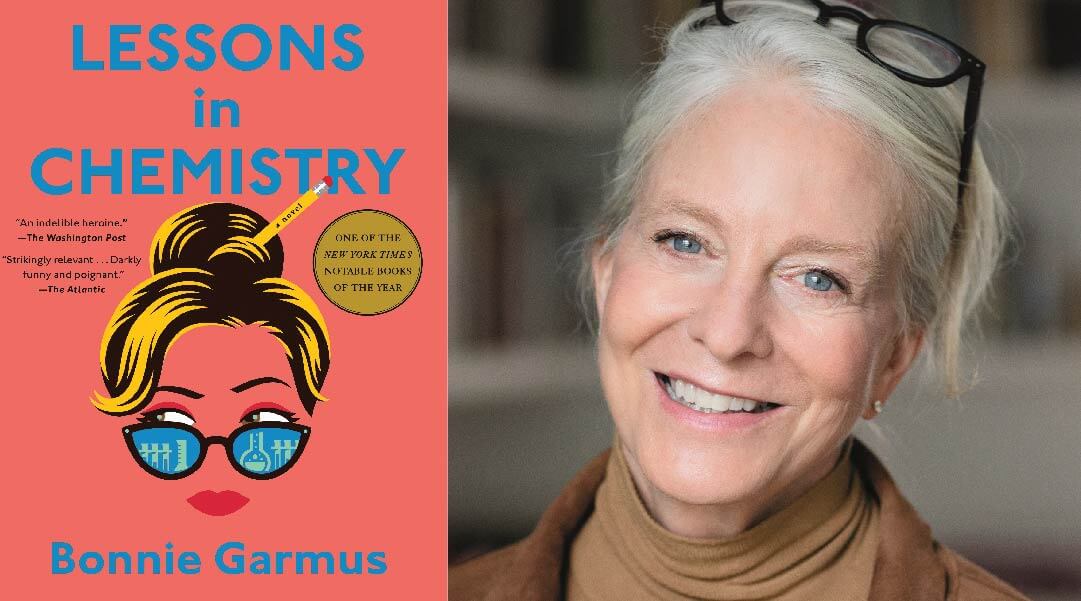 Headshot for Bonnie Garmus next to the cover of her book, Lessons in Chemistry.