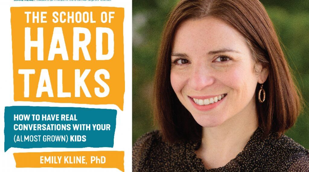 Book cover for The School of Hard Talks next to headshot of author Emily Klein.