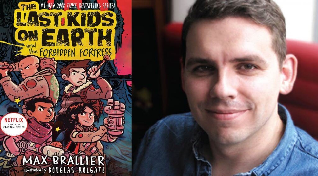 Headshot for Max Brallier alongside a cover of his graphic novel, The Last Kids on Earth
