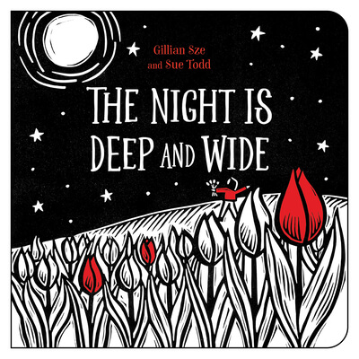 "The Night Is Deep and Wide" boo cover featuring black, white and red tulips under a moon