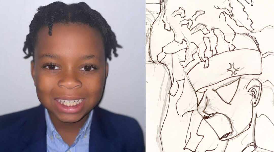 Portrait of a child next to one of his drawings.
