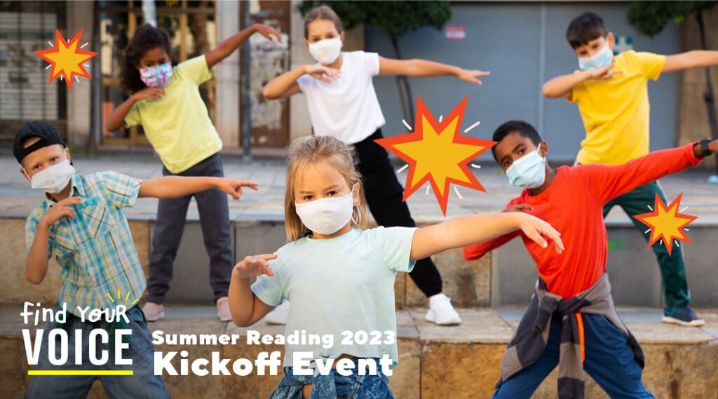 A group of young children pose mid-dance. Text overlay "Summer Reading 2023: Kickoff Event"