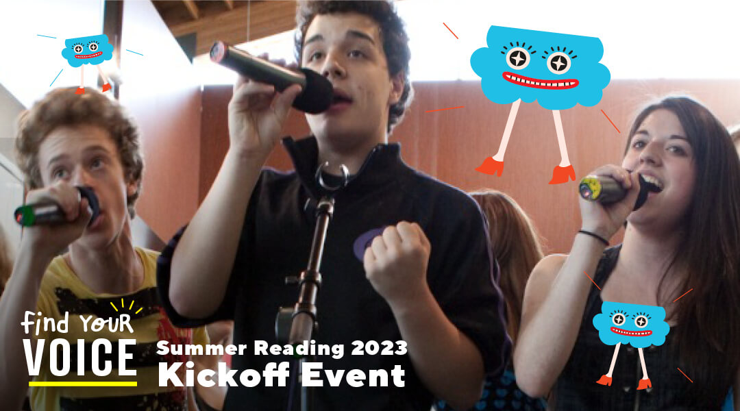 A young adult speaks into a microphone. Text overlay "Summer Reading 2023: Kickoff Event"