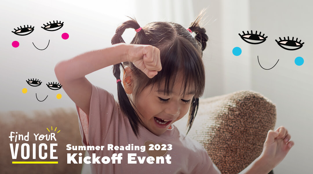A young child poses happily. Text overlay "Summer Reading 2023: Kickoff Event"