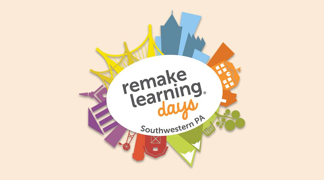Remake Learning Days logo consisting of buildings and bridges on a peach background