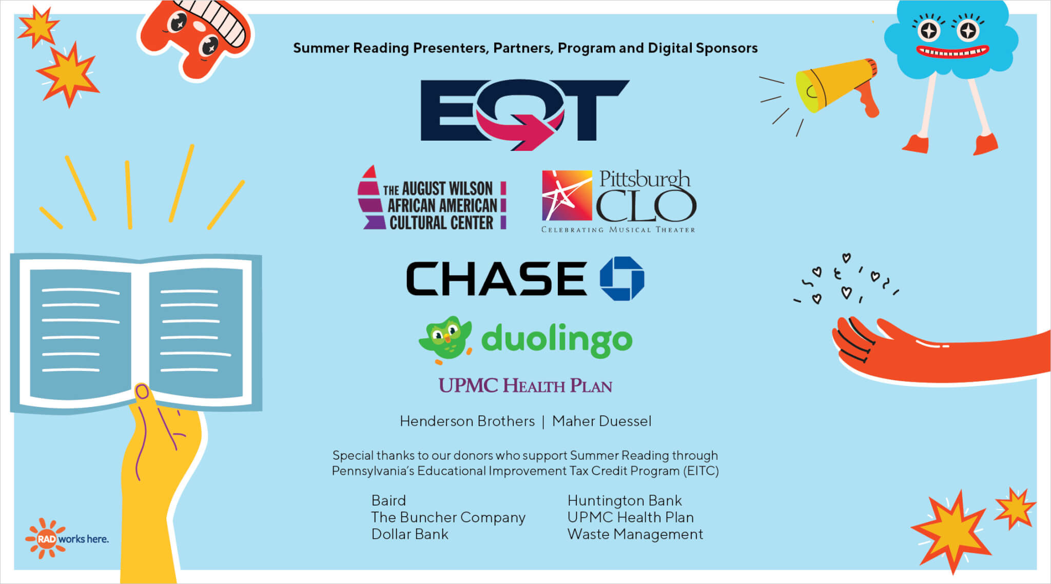 Collection of Summer Reading sponsor logos and names including: EQT, August Wilson Center, Pittsburgh CLO, Chase, duolingo and UPMC health Plan