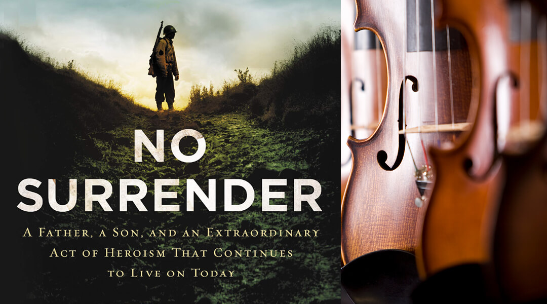 The book cover art for No Surrender next to an image of a violin.