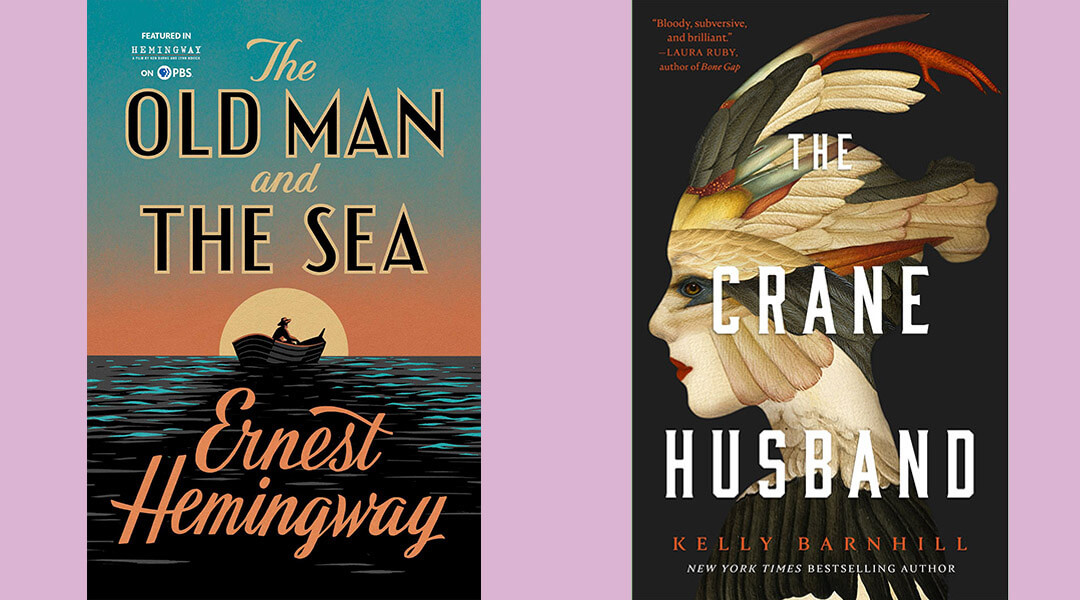 Book covers for The Old Man and the Sea and The Crane Husband next to each other on a lavender background.