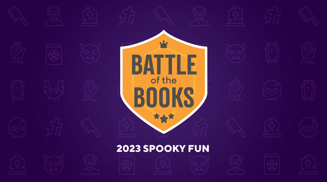 Gold shield on purple background full of scary icons including knives, graves, devils and bats. Text reads Battle of the Books, 2023 Spooky Fun