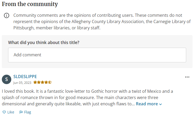 Screenshot of community comments on a book in Bibliocommons.