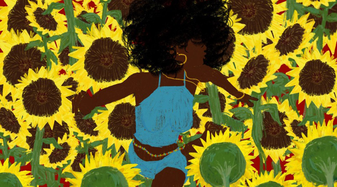 Selection of a painting from Offroute Art of a young Black woman in a field of sunflowers.