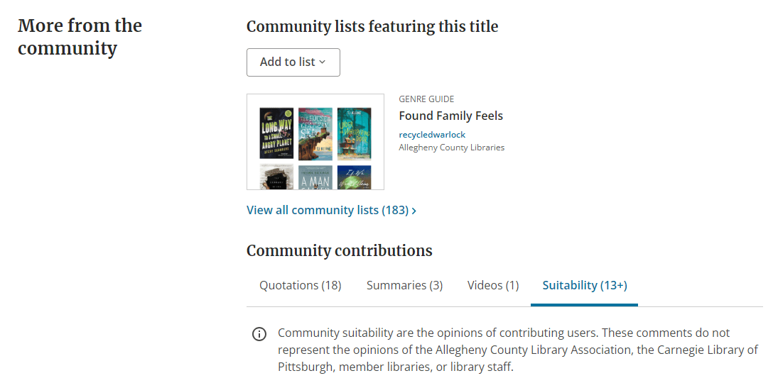 Screenshot that says "More from community" including community lists featuring this title, quotations, summaries, videos, and suitability recommendations.