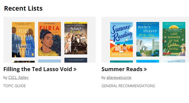 Recently published booklists on the Catalog including ones titled "Filling the Ted Lasso Void" and "Summer Reads"