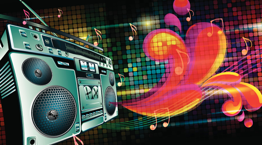 A boom box against a colorful tiled background spewing a colorful wave with musical notes.
