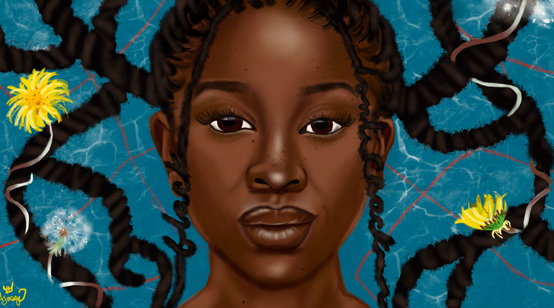 Painting of a Black girl's face surrounded by braids and dandelions on a blue background.