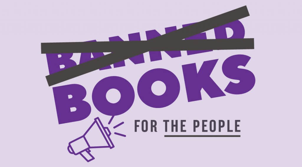 Purple block letters reading Books for the People with the word Banned crossed out