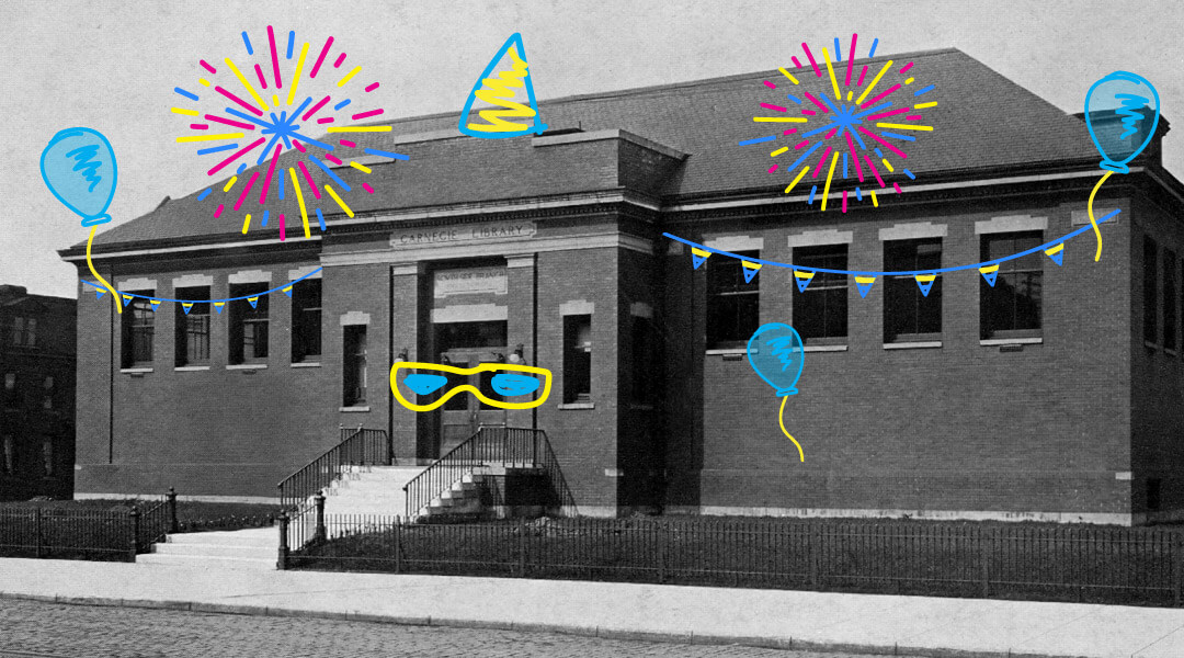 Old black and white photo of CLP - South Side with brightly colored streamers and balloons sketched on top