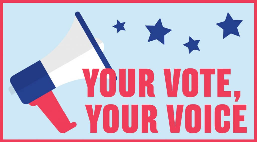 Graphic of a megaphone with text reading "Your Vote, Your Voice"
