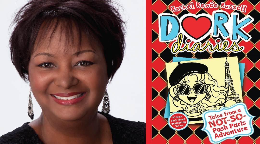 Headshot of author Rachel Renee Russell next to the cover of her book, Dork Diaries.