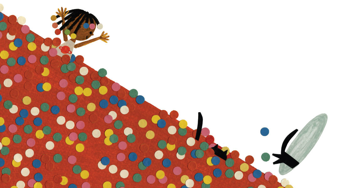 Illustration of a little girl sliding down a mountain of colorful balls from Christian Robinson's book "Another"