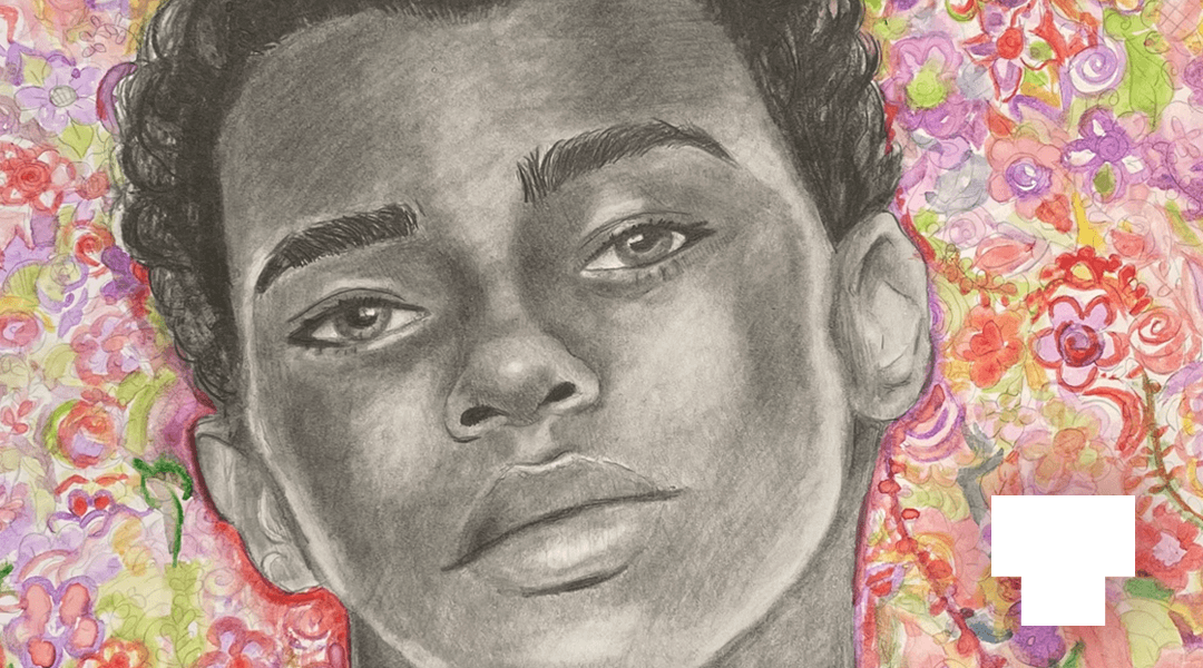 Grayscale pencil drawing of a boy's face with colorful, organic design in the background