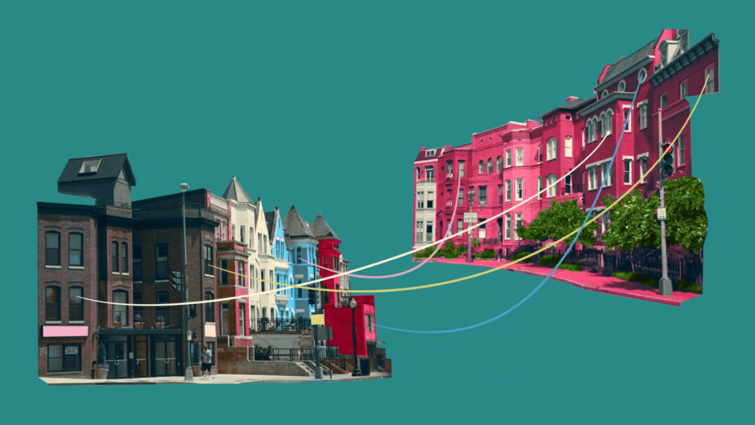 A colorful graphic of a street with buildings and wires connecting the buildings together.