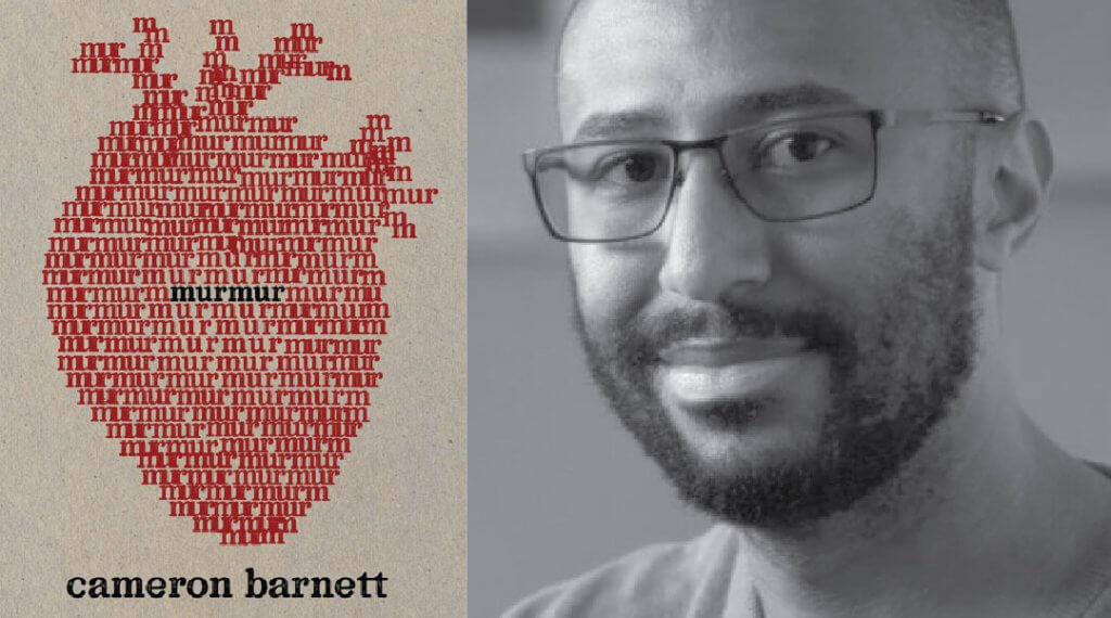 Book cover of Murmur by Cameron Barnett next to his portrait.