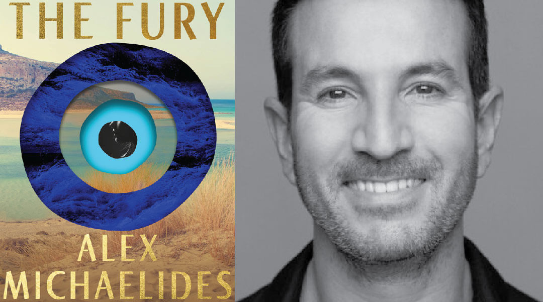Cover of the book The Fury next to portrait of author, Alex Michaelides