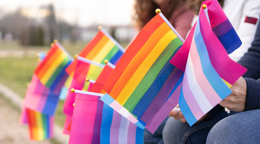 Different LGBTQ flags held by people in a park.