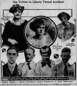 Photo of a 1924 newspaper article titled "Gas Victims in Liberty Tunnel Accident," featuring 7 people: men, women and a child.
