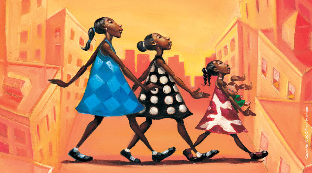 Illustration of three African American children in colorful dresses walking in a row. Art by Frank Morrison.