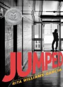 Cover for book Jumped. Black and white photo of a shadowy figure in a doorway at the end of a hallway.