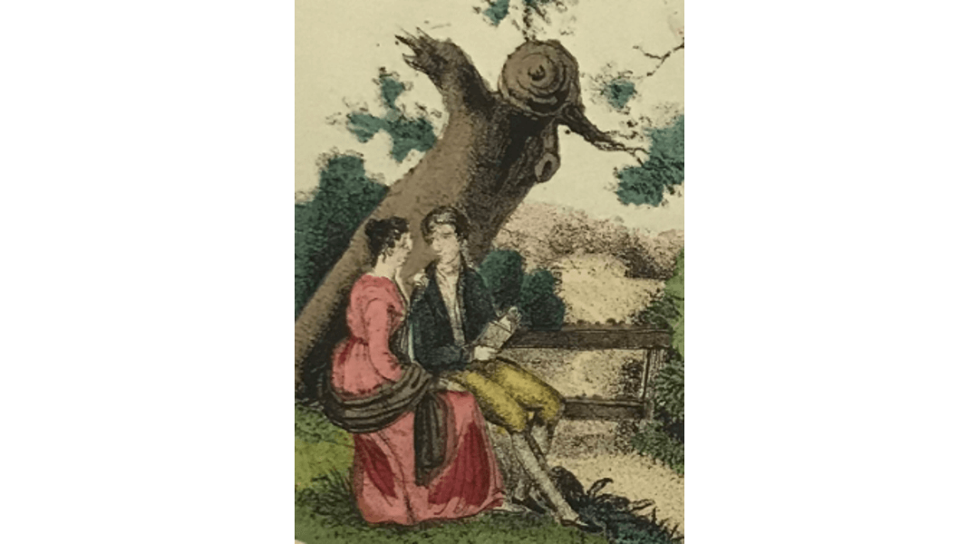 Painting of a man and woman in dress typical of mid-19th Century, sitting on a bench by a tree stump.