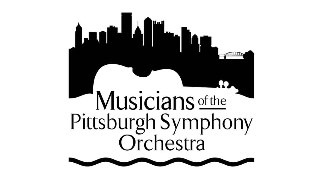 Musicians of the Pittsburgh Symphony Orchestra logo with the Pittsburgh skyline in black with the outline of a cello underneath.