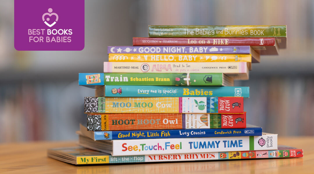 Stack of 2024 Best Books for Babies with purple logo